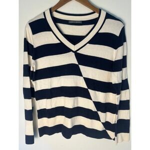 Caroline Grace Sweater Wm S Navy White Stripe Cotton Cashmere V-Neck Luxury Chic